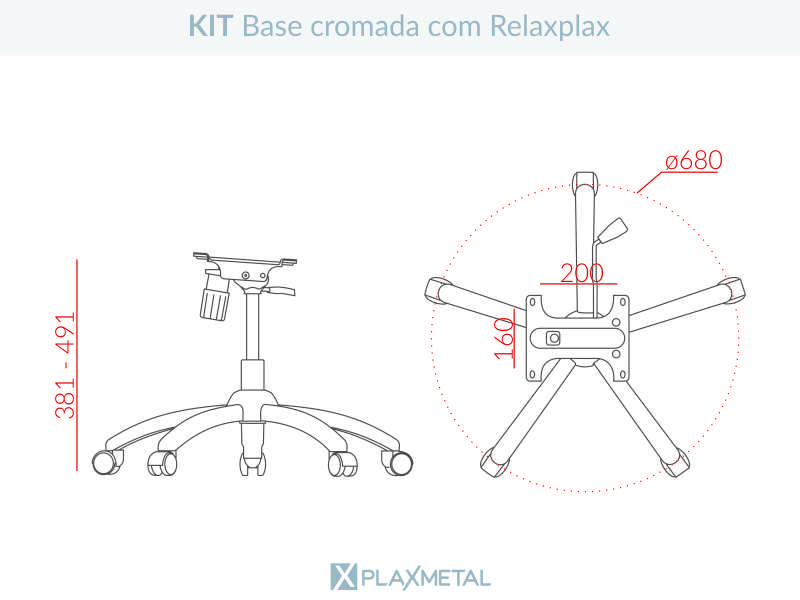 Dimensões Kit Base cromado com Relaxplax – 22264 Kit Base cromado com Relaxplax com rodízio PU